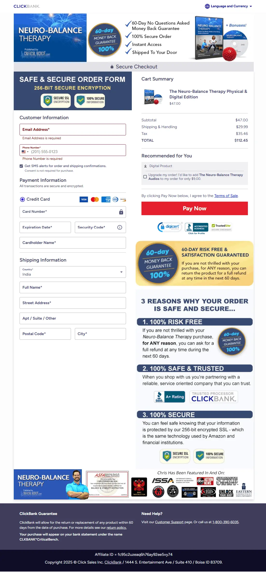 Neuro-Balance Therapy Clickbank secure Checkout Page image